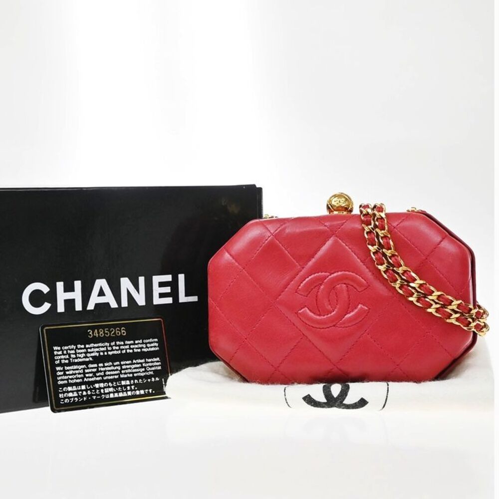 Chanel Vintage Chain Frame Quilted Lambskin Red Leather Handbag